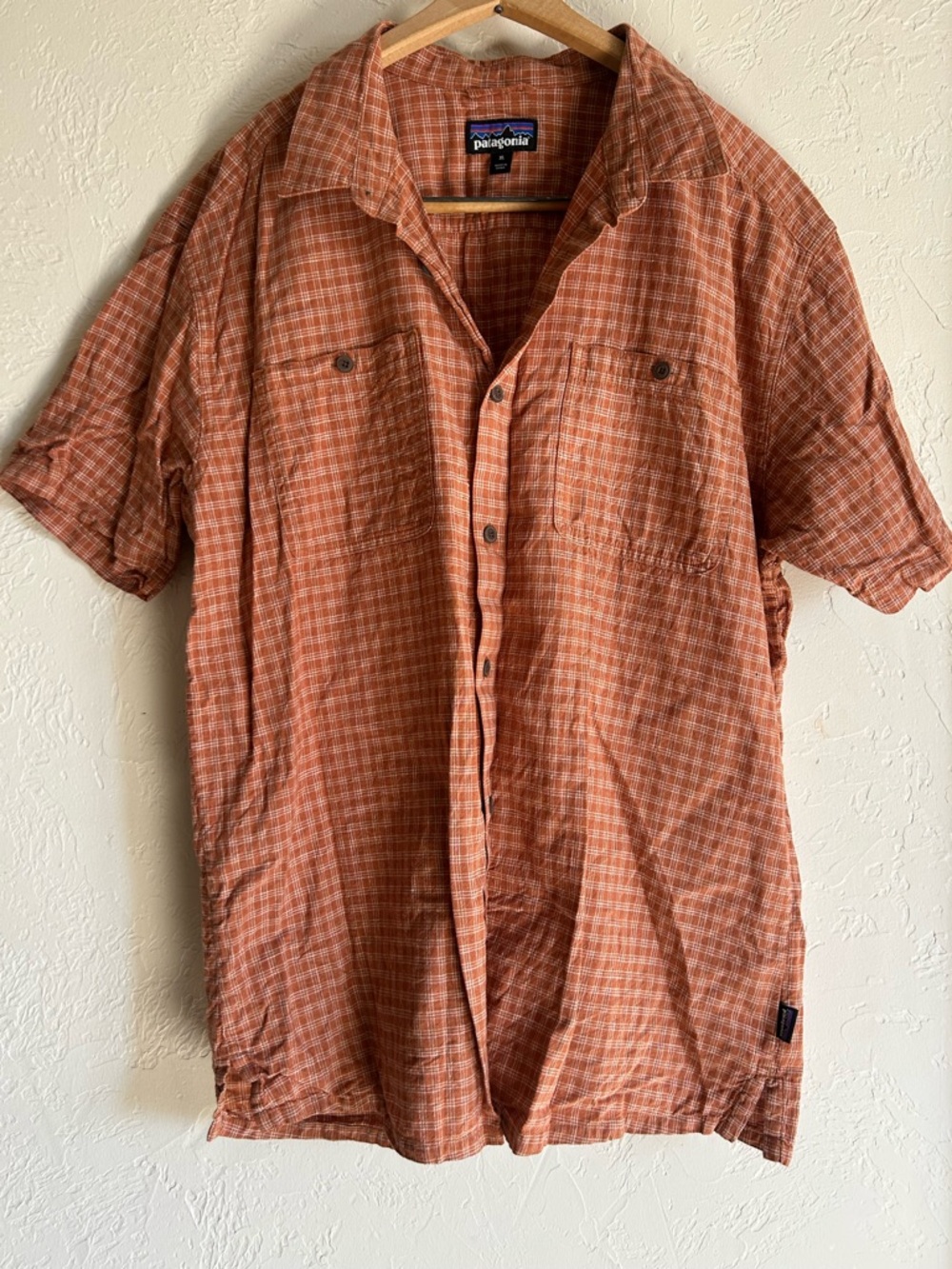 Patagonia Mens XL Back Step Hemp Cotton Lightweight Summer Shirt , Rust check